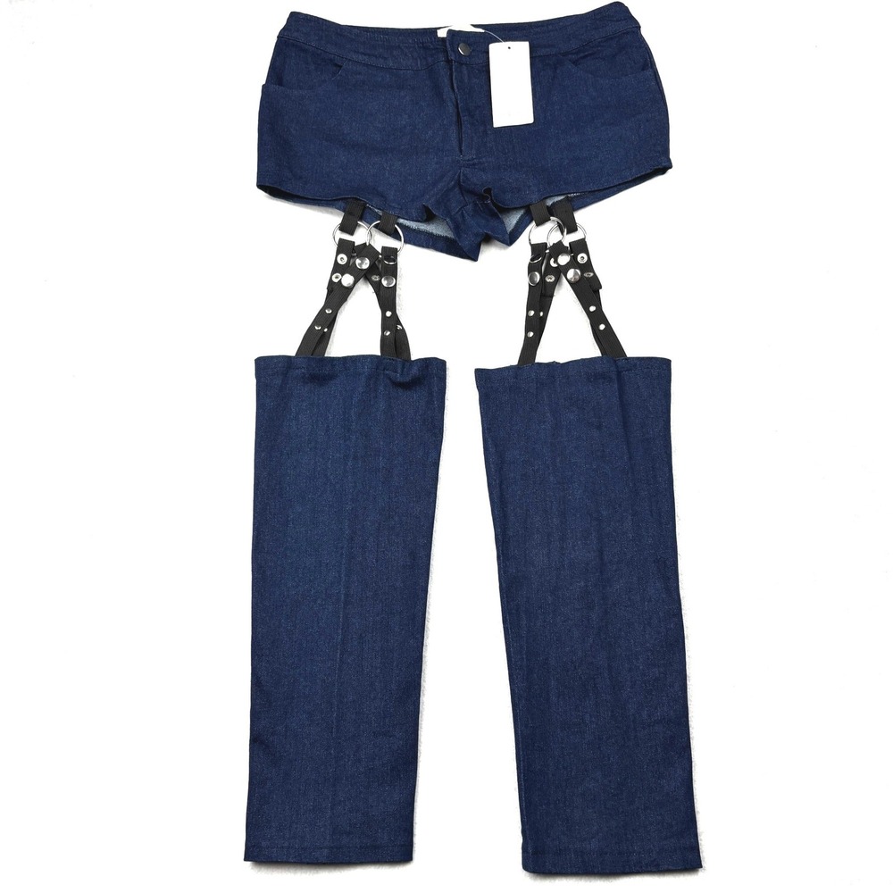 Hot Delicious Womens L Dark Denim Garter Chaps Cutout Suspender Rave Pants NWT